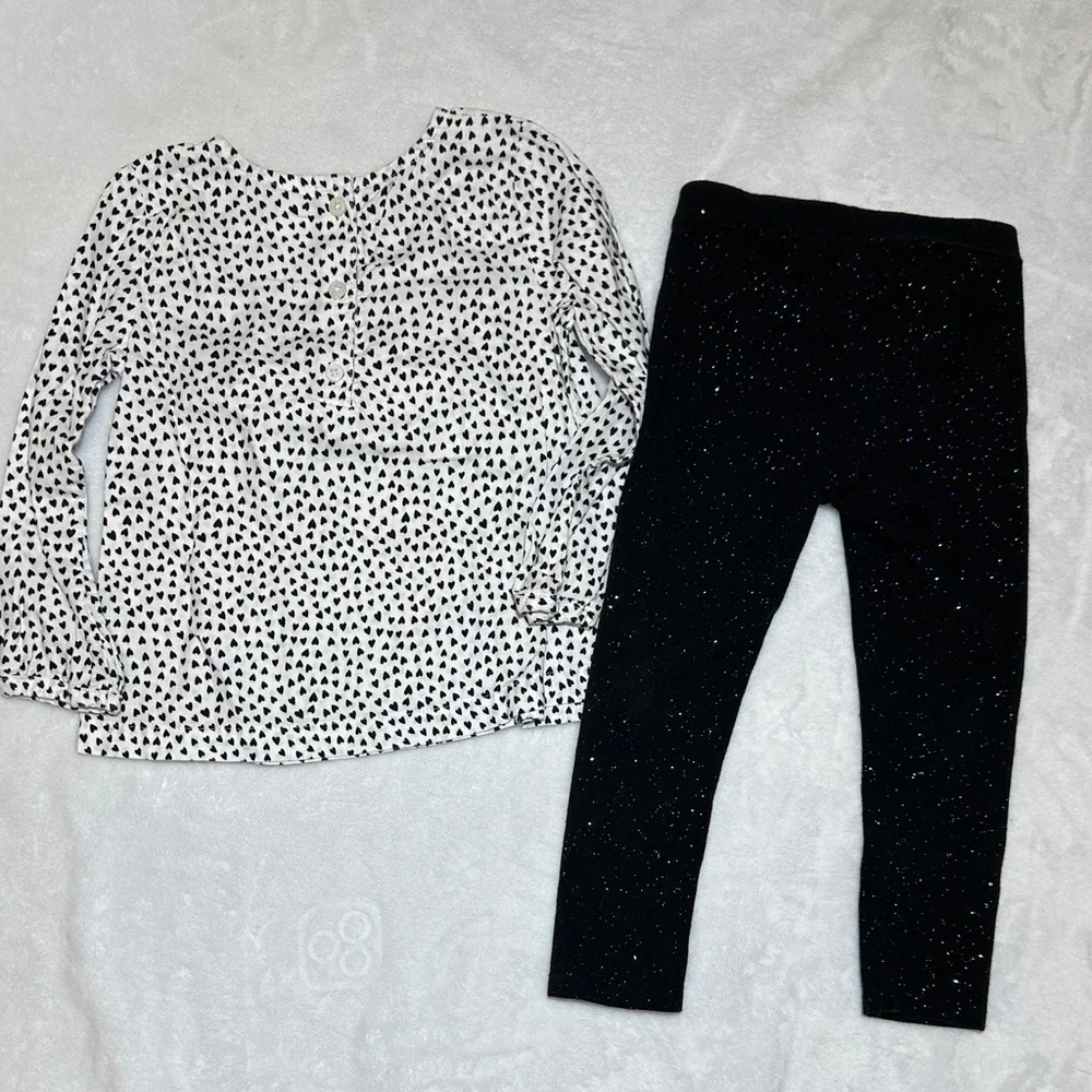 EUC Pink Knit Jacket, heart print top with Black sparkle Leggings 24mo